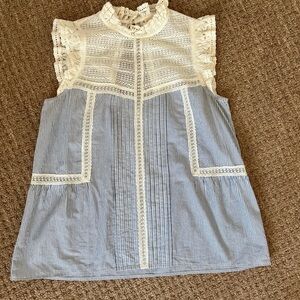 Sézane Diana Blouse. Ecru lace and blue striped cotton. Size 38. Gently worn.